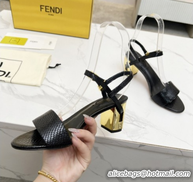 Buy Luxury Fendi Delfina Medium Heel Sandals 6cm in Snakeskin Embossed Leather Black 0425133
