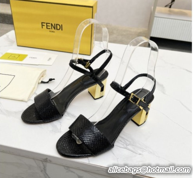 Buy Luxury Fendi Delfina Medium Heel Sandals 6cm in Snakeskin Embossed Leather Black 0425133