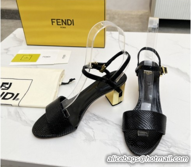 Buy Luxury Fendi Delfina Medium Heel Sandals 6cm in Snakeskin Embossed Leather Black 0425133