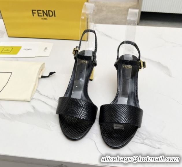 Buy Luxury Fendi Delfina Medium Heel Sandals 6cm in Snakeskin Embossed Leather Black 0425133