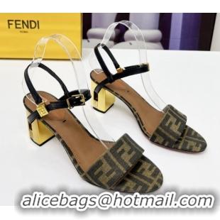 Pretty Style Fendi Delfina Medium Heel Sandals 6cm in Brown FF Jacquard Fabric 0425134