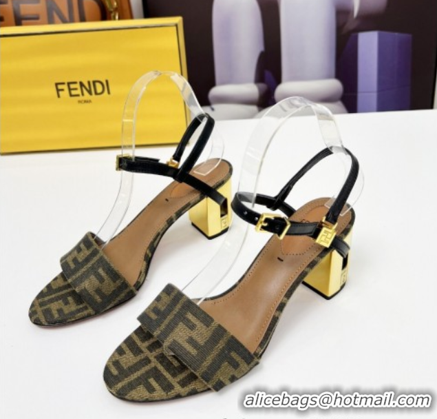 Pretty Style Fendi Delfina Medium Heel Sandals 6cm in Brown FF Jacquard Fabric 0425134