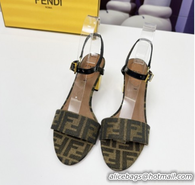 Pretty Style Fendi Delfina Medium Heel Sandals 6cm in Brown FF Jacquard Fabric 0425134
