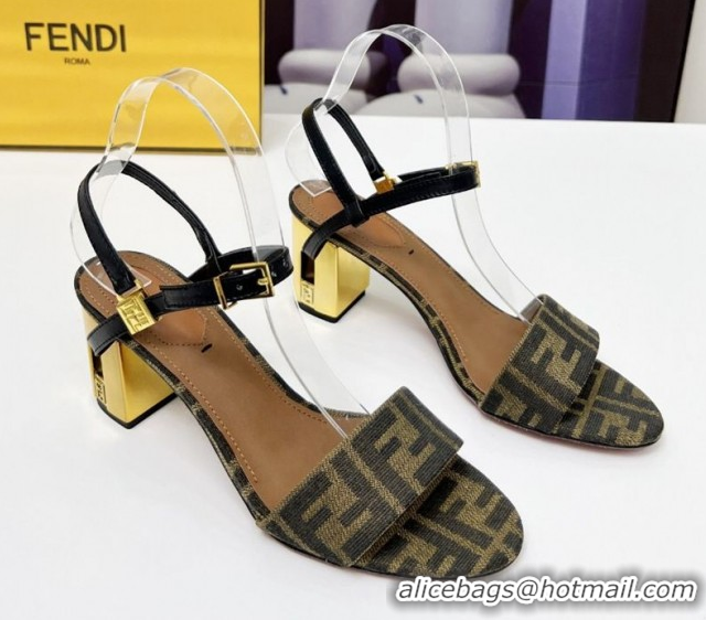 Pretty Style Fendi Delfina Medium Heel Sandals 6cm in Brown FF Jacquard Fabric 0425134