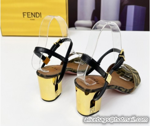 Pretty Style Fendi Delfina Medium Heel Sandals 6cm in Brown FF Jacquard Fabric 0425134