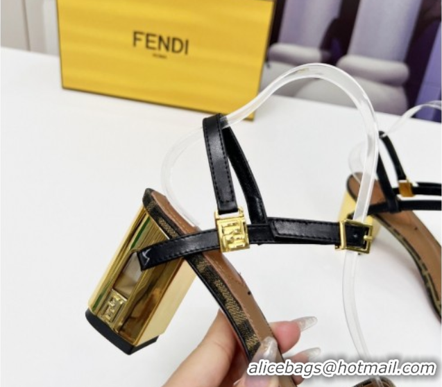 Pretty Style Fendi Delfina Medium Heel Sandals 6cm in Brown FF Jacquard Fabric 0425134