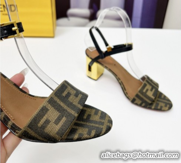 Pretty Style Fendi Delfina Medium Heel Sandals 6cm in Brown FF Jacquard Fabric 0425134