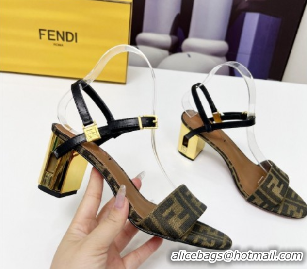 Pretty Style Fendi Delfina Medium Heel Sandals 6cm in Brown FF Jacquard Fabric 0425134