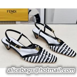 Duplicate Fendi FFold Slingbacks Heeled Sandals 5cm in Bonded Leather Stripes Black/White 0425135