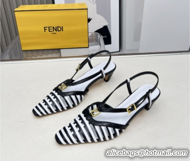 Duplicate Fendi FFold Slingbacks Heeled Sandals 5cm in Bonded Leather Stripes Black/White 0425135
