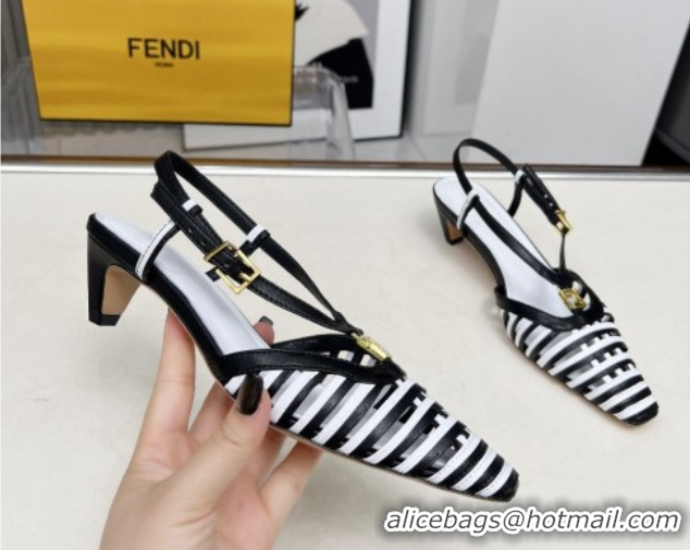 Duplicate Fendi FFold Slingbacks Heeled Sandals 5cm in Bonded Leather Stripes Black/White 0425135