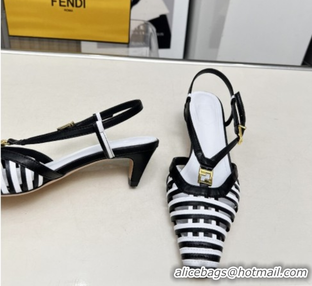 Duplicate Fendi FFold Slingbacks Heeled Sandals 5cm in Bonded Leather Stripes Black/White 0425135