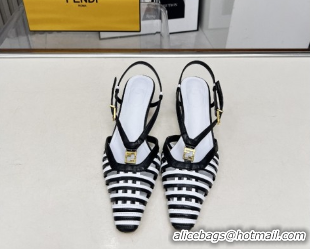 Duplicate Fendi FFold Slingbacks Heeled Sandals 5cm in Bonded Leather Stripes Black/White 0425135