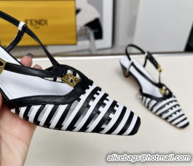 Duplicate Fendi FFold Slingbacks Heeled Sandals 5cm in Bonded Leather Stripes Black/White 0425135
