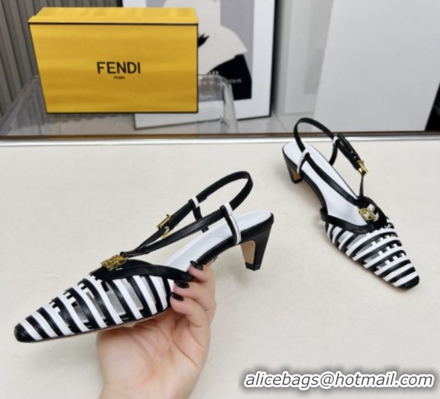Duplicate Fendi FFold Slingbacks Heeled Sandals 5cm in Bonded Leather Stripes Black/White 0425135