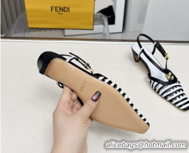 Duplicate Fendi FFold Slingbacks Heeled Sandals 5cm in Bonded Leather Stripes Black/White 0425135