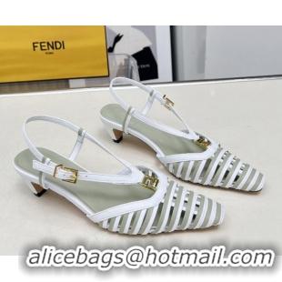 Grade Quality Fendi FFold Slingbacks Heeled Sandals 5cm in Bonded Leather Stripes White/Green 0425136