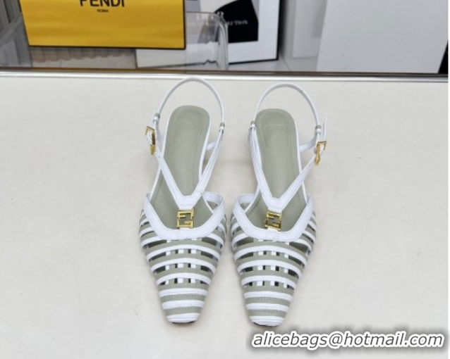 Grade Quality Fendi FFold Slingbacks Heeled Sandals 5cm in Bonded Leather Stripes White/Green 0425136