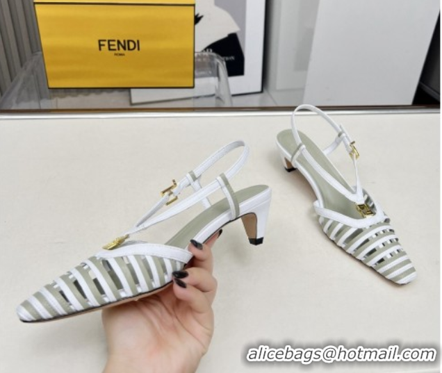 Grade Quality Fendi FFold Slingbacks Heeled Sandals 5cm in Bonded Leather Stripes White/Green 0425136