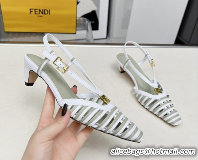 Grade Quality Fendi FFold Slingbacks Heeled Sandals 5cm in Bonded Leather Stripes White/Green 0425136
