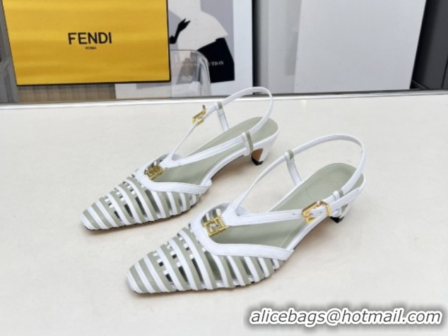Grade Quality Fendi FFold Slingbacks Heeled Sandals 5cm in Bonded Leather Stripes White/Green 0425136