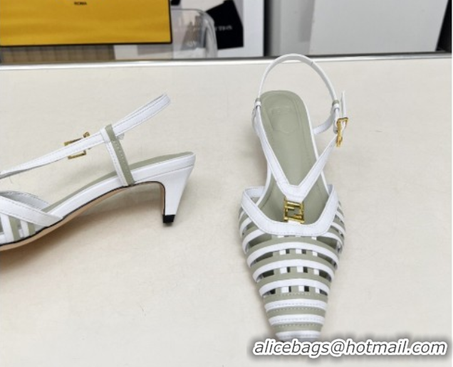 Grade Quality Fendi FFold Slingbacks Heeled Sandals 5cm in Bonded Leather Stripes White/Green 0425136