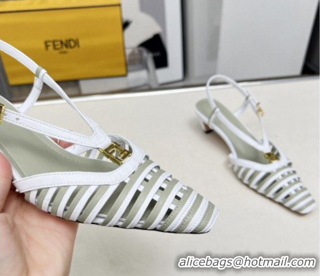 Grade Quality Fendi FFold Slingbacks Heeled Sandals 5cm in Bonded Leather Stripes White/Green 0425136