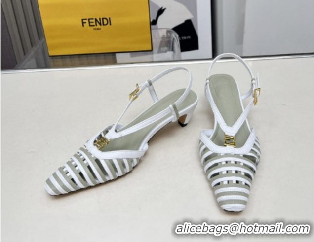Grade Quality Fendi FFold Slingbacks Heeled Sandals 5cm in Bonded Leather Stripes White/Green 0425136