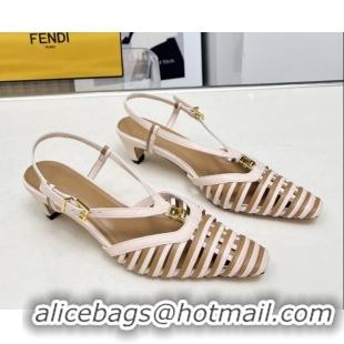 Sumptuous Fendi FFold Slingbacks Heeled Sandals 5cm in Bonded Leather Stripes Pink/Beige 0425137