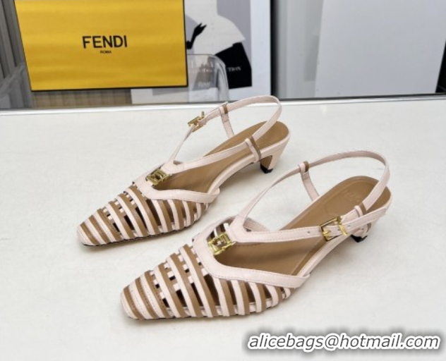 Sumptuous Fendi FFold Slingbacks Heeled Sandals 5cm in Bonded Leather Stripes Pink/Beige 0425137