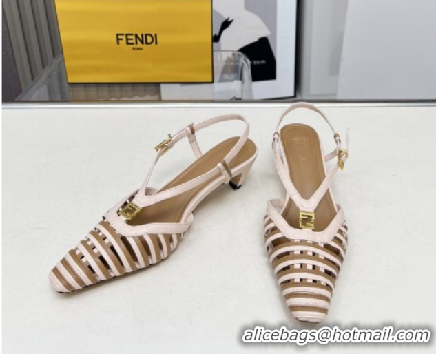Sumptuous Fendi FFold Slingbacks Heeled Sandals 5cm in Bonded Leather Stripes Pink/Beige 0425137