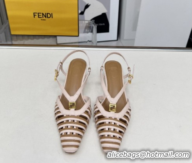 Sumptuous Fendi FFold Slingbacks Heeled Sandals 5cm in Bonded Leather Stripes Pink/Beige 0425137
