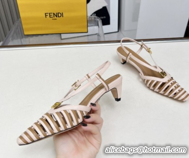 Sumptuous Fendi FFold Slingbacks Heeled Sandals 5cm in Bonded Leather Stripes Pink/Beige 0425137