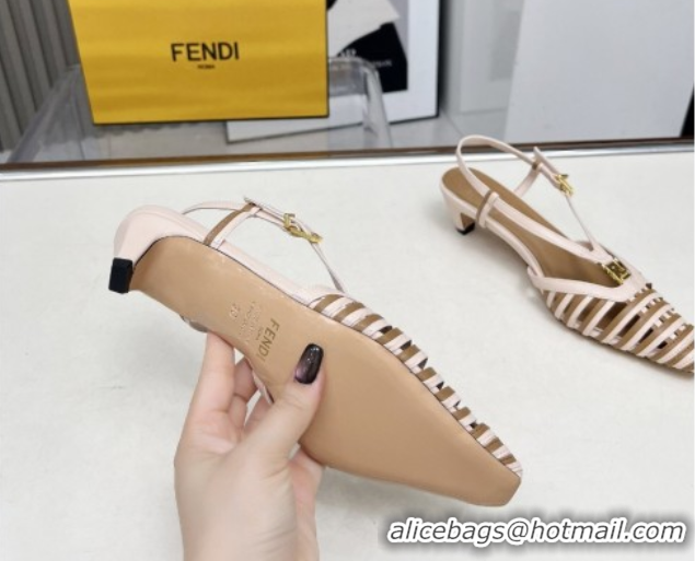 Sumptuous Fendi FFold Slingbacks Heeled Sandals 5cm in Bonded Leather Stripes Pink/Beige 0425137