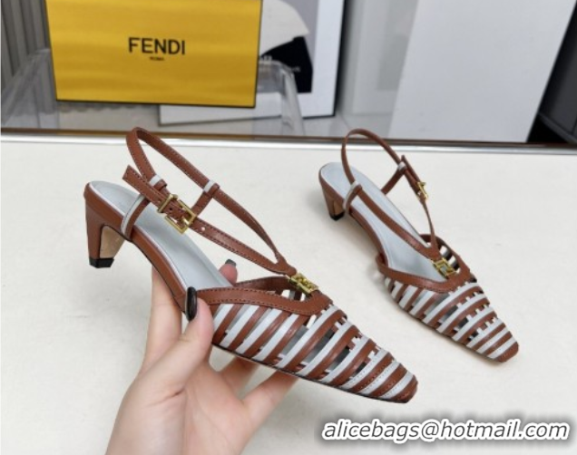 Stylish Fendi FFold Slingbacks Heeled Sandals 5cm in Bonded Leather Stripes Brown/Green 0425138