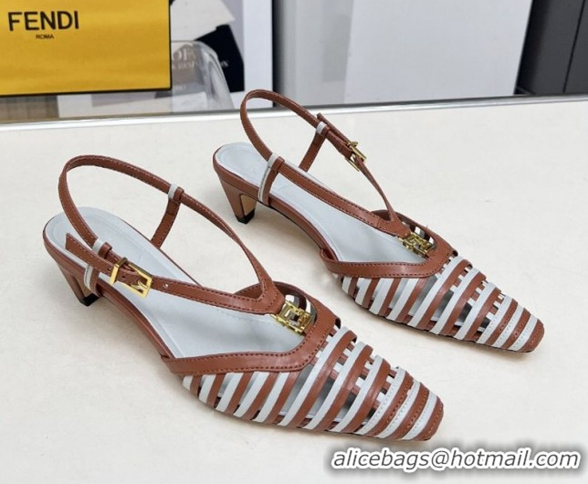 Stylish Fendi FFold Slingbacks Heeled Sandals 5cm in Bonded Leather Stripes Brown/Green 0425138