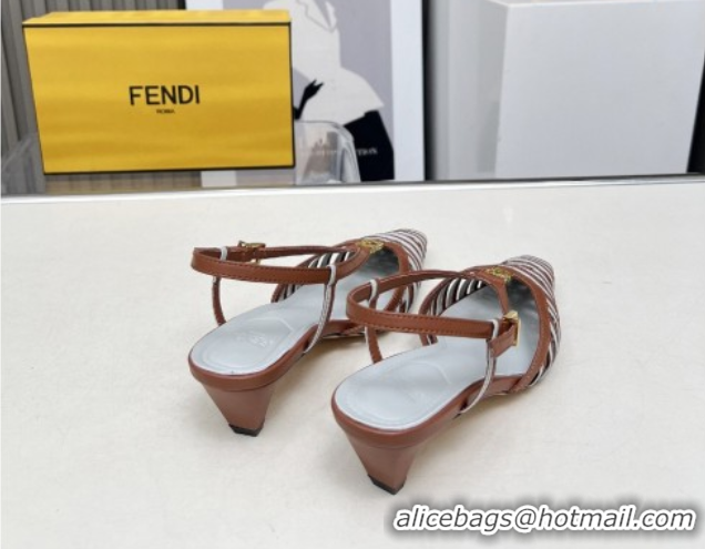 Stylish Fendi FFold Slingbacks Heeled Sandals 5cm in Bonded Leather Stripes Brown/Green 0425138