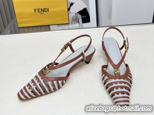 Stylish Fendi FFold Slingbacks Heeled Sandals 5cm in Bonded Leather Stripes Brown/Green 0425138