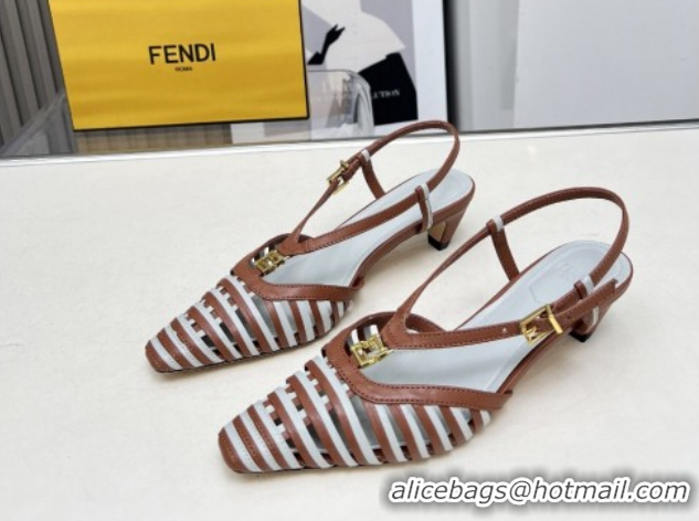 Stylish Fendi FFold Slingbacks Heeled Sandals 5cm in Bonded Leather Stripes Brown/Green 0425138