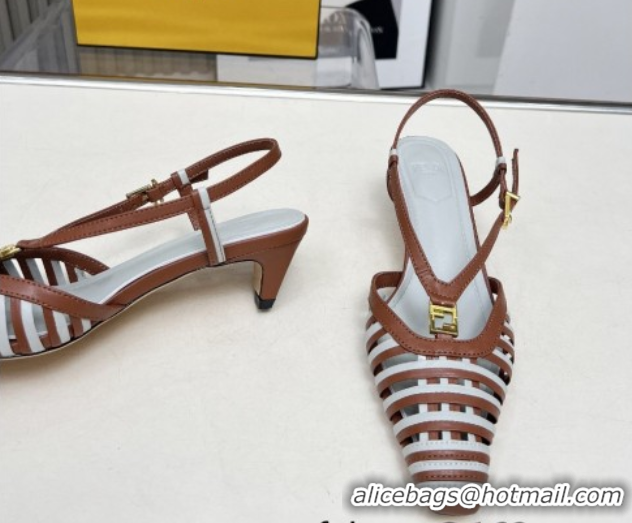 Stylish Fendi FFold Slingbacks Heeled Sandals 5cm in Bonded Leather Stripes Brown/Green 0425138