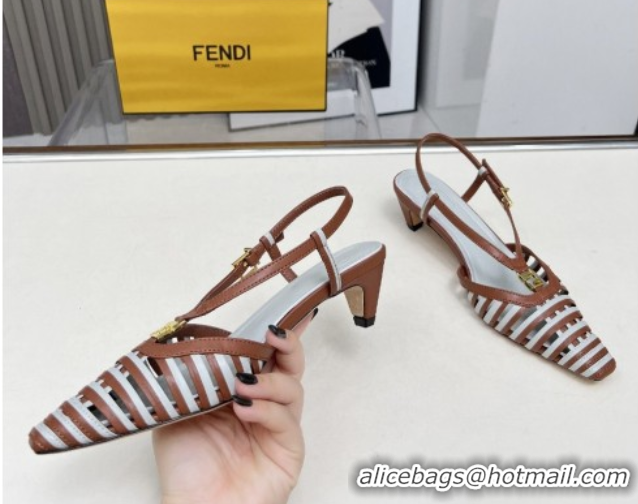 Stylish Fendi FFold Slingbacks Heeled Sandals 5cm in Bonded Leather Stripes Brown/Green 0425138