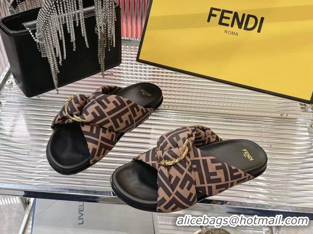 Best Product Fendi Feel Flat Slides Sandal in FF Satin with D-ring Buckle Brown 0425139