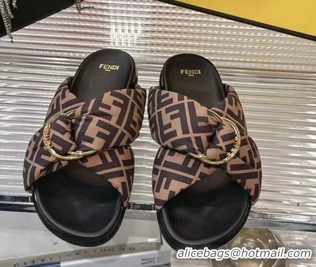 Best Product Fendi Feel Flat Slides Sandal in FF Satin with D-ring Buckle Brown 0425139