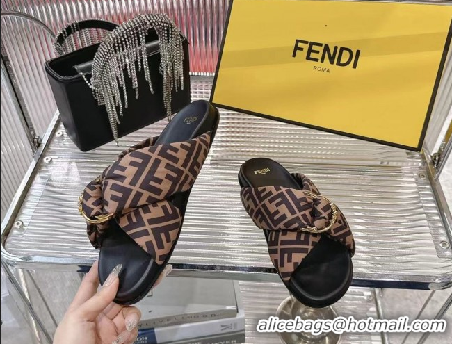 Best Product Fendi Feel Flat Slides Sandal in FF Satin with D-ring Buckle Brown 0425139