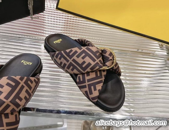 Best Product Fendi Feel Flat Slides Sandal in FF Satin with D-ring Buckle Brown 0425139