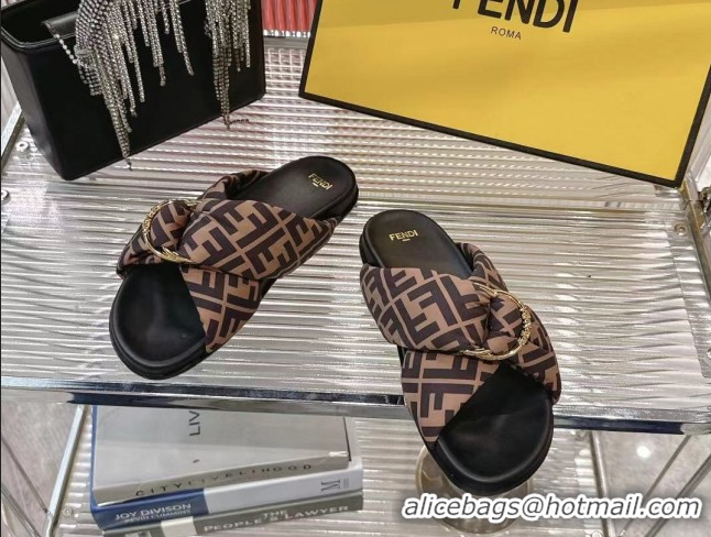 Best Product Fendi Feel Flat Slides Sandal in FF Satin with D-ring Buckle Brown 0425139