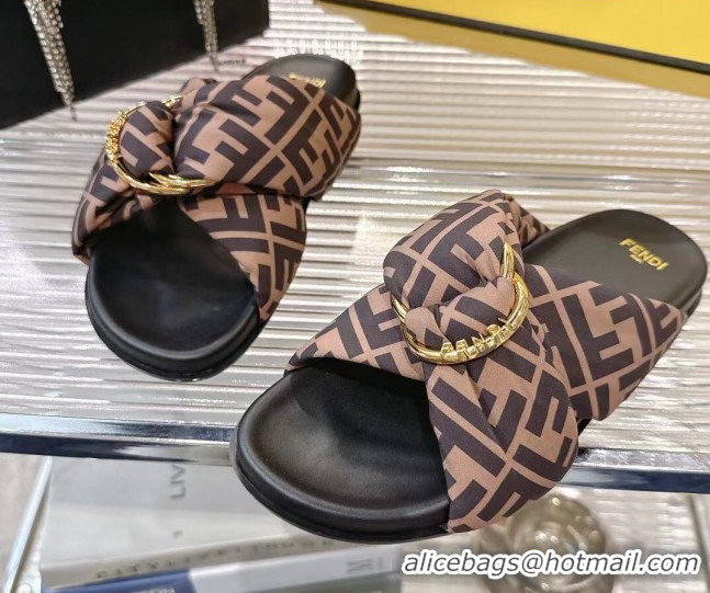 Best Product Fendi Feel Flat Slides Sandal in FF Satin with D-ring Buckle Brown 0425139