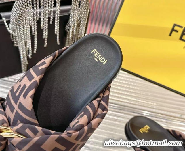 Best Product Fendi Feel Flat Slides Sandal in FF Satin with D-ring Buckle Brown 0425139