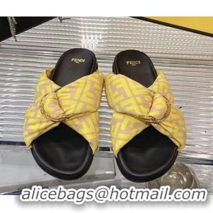 Best Grade Fendi Feel Flat Slides Sandal in FF Satin with D-ring Buckle Yellow 0425141