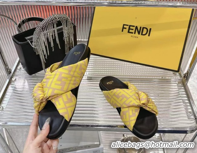 Best Grade Fendi Feel Flat Slides Sandal in FF Satin with D-ring Buckle Yellow 0425141